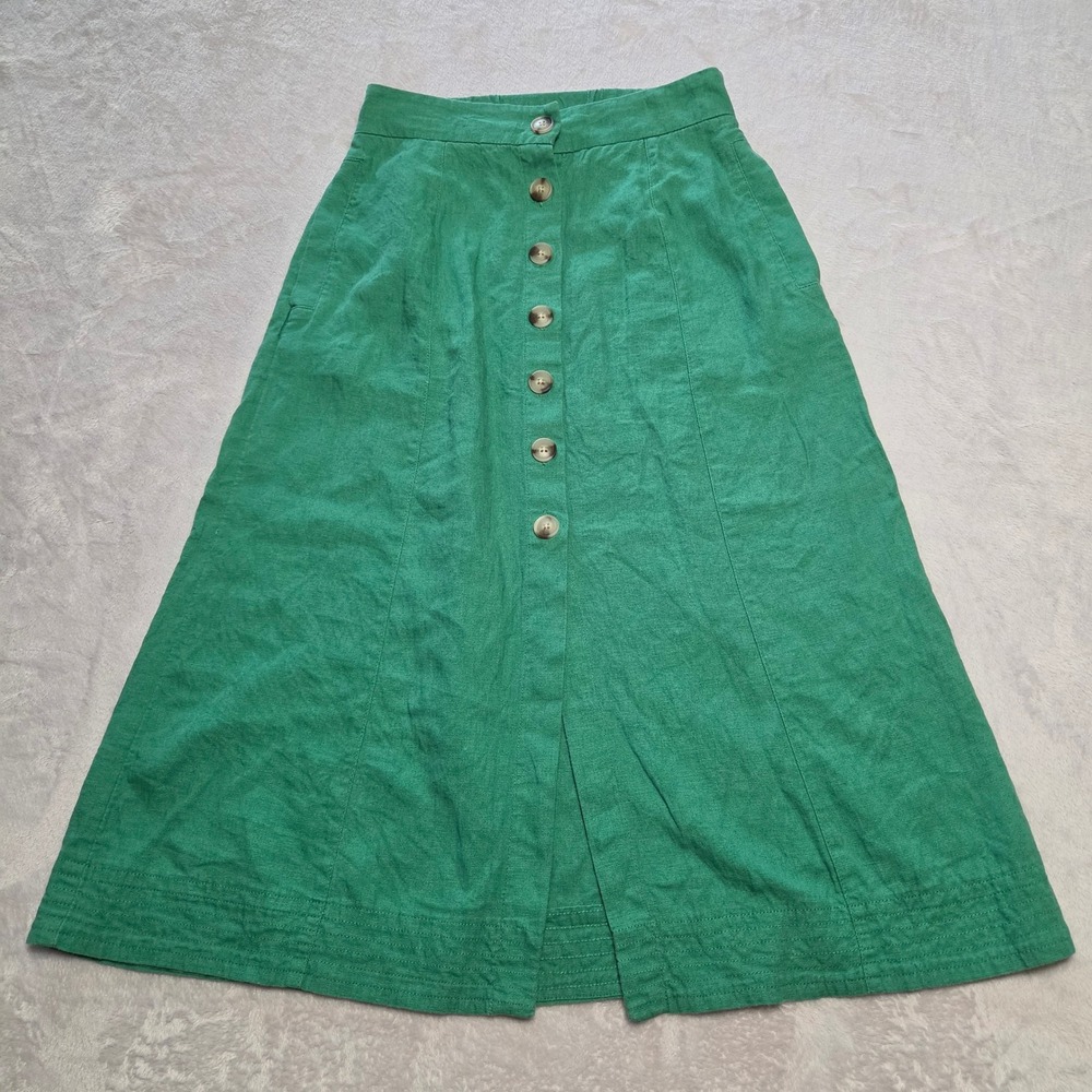 Cottagecore Boho Green Linen Blend Button Front A Line Midi Skirt XS Coastal